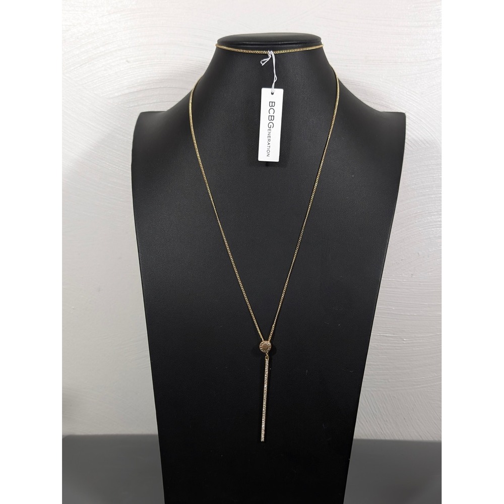 BCBGeneration Gold Tone Vertical‎ Bar Pendant Necklace Rhinestone Accent 32" NWT
